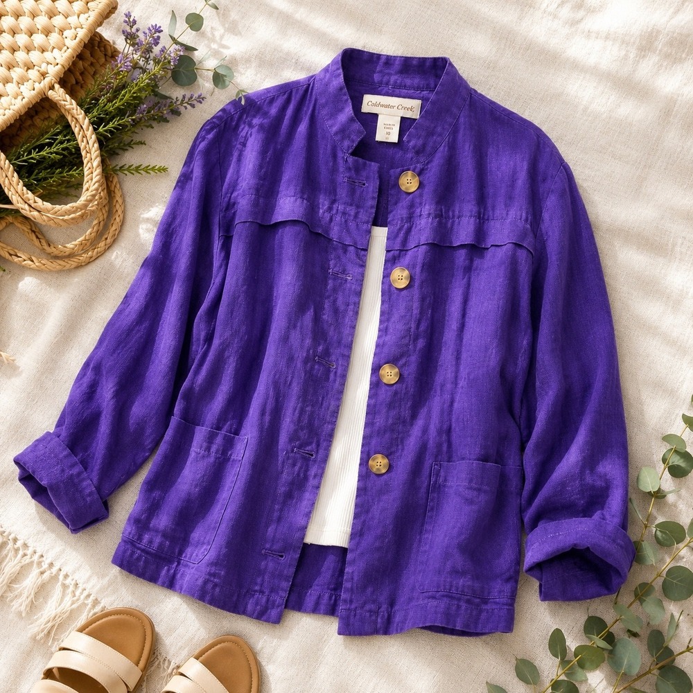 Coldwater‎ Creek Linen Utility Jacket 10 Purple Button Front Mandarin Collar